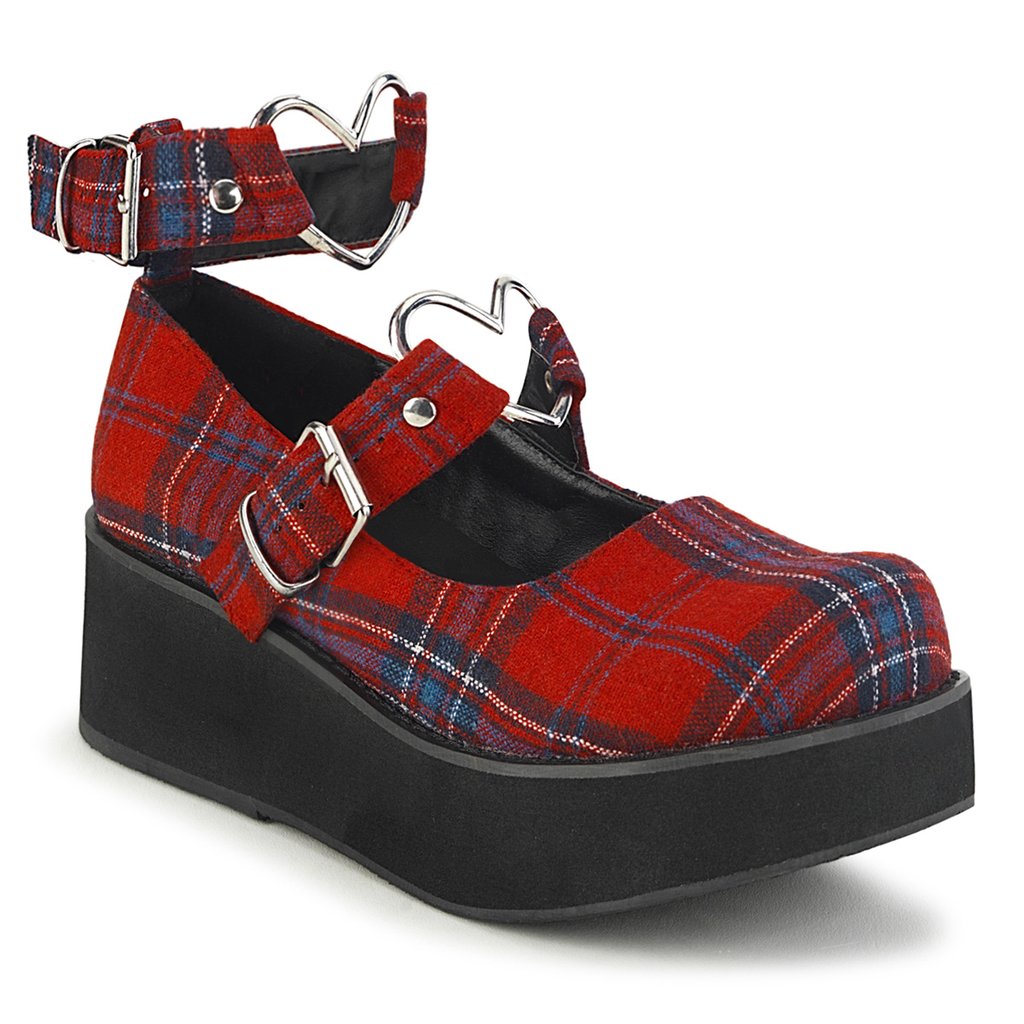 Chaussures Plateforme Demonia Sprite 02 Plaid Tissu Femme - Rouge 16024-FRZN